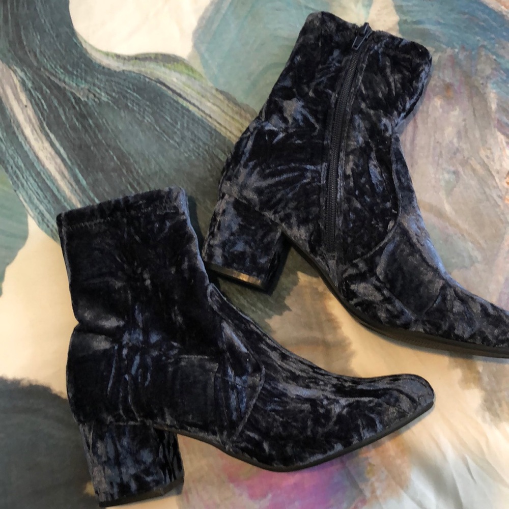 Blue crushed velvet booties